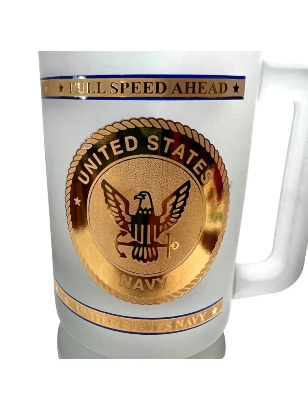 United States Navy Frosted Glass Beer Stein - Gold Eagle Medallion - 